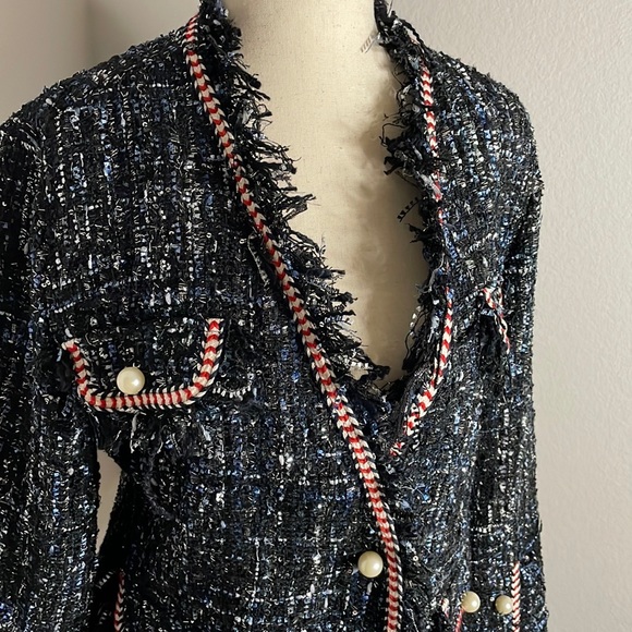 Sans Souci Blazer Jacket Blue Metallic Pearl Buttons Large - Picture 2 of 12